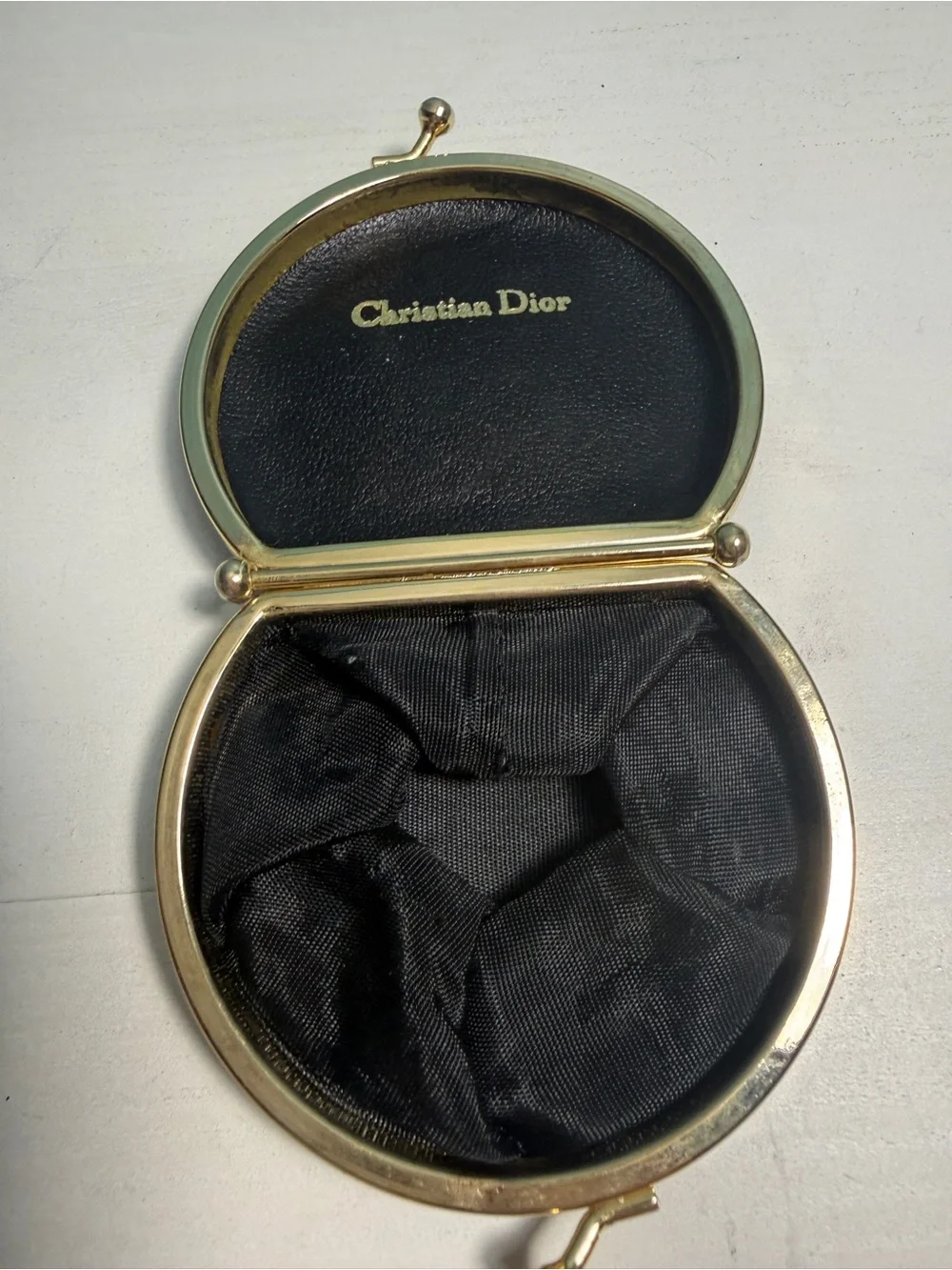 Vintage Christian Dior Black Leather Kiss-Lock Coin Purse Pouch Gold-Tone Logo